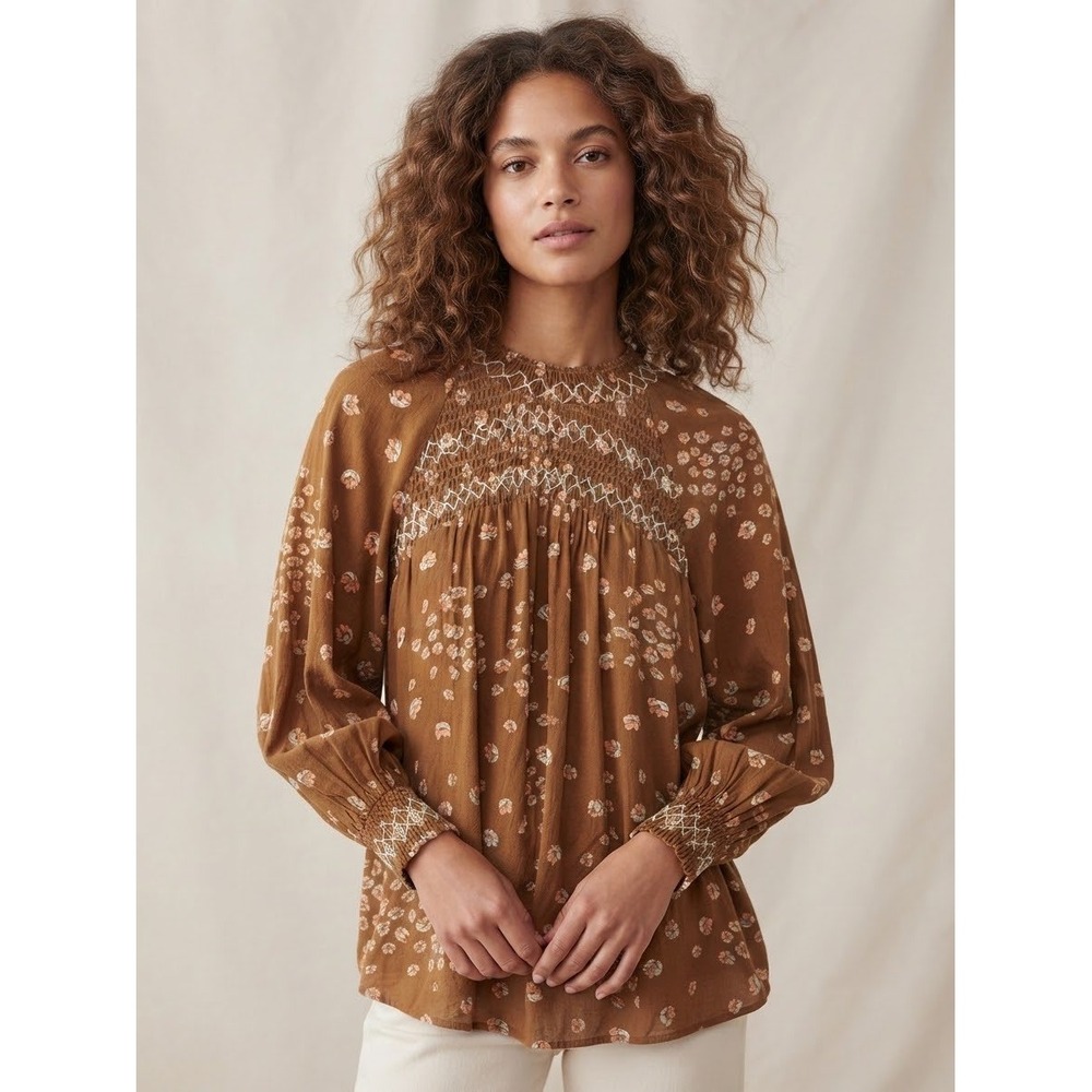 Free People Womens Smocked Peasant Blouse Floral Embroidered Brown XS